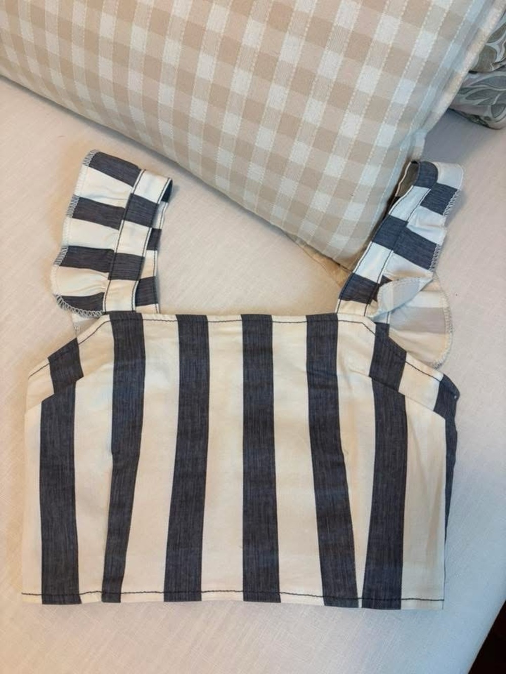 Striped Navy and White Ruffled Strap Crop Top